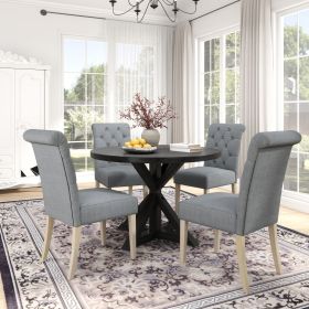 Banff 5-piece Dining Set, Cross-Buck Round Table with 4 Tufted Chairs, Gray Banff 5-piece Dining Set, Cross-Buck Round Table with 4 Tufted Chairs, Gray